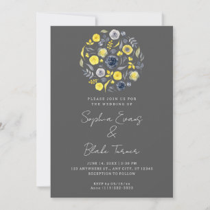 Abstract Yellow and Blue Bouquet Grey Wedding Invitation