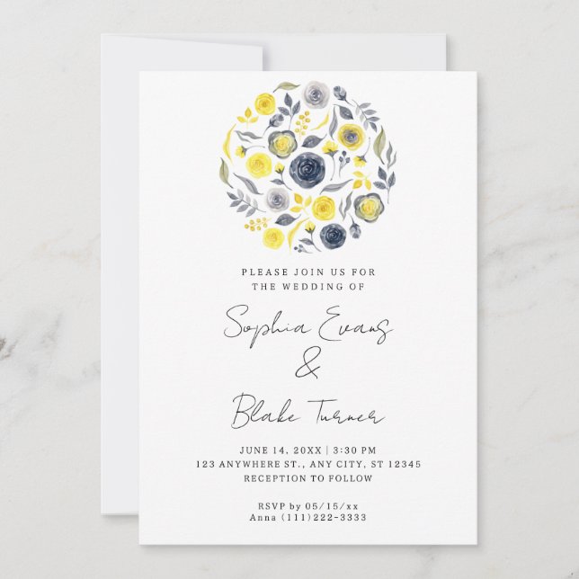 Abstract Yellow and Blue Bouquet White Wedding Invitation (Front)