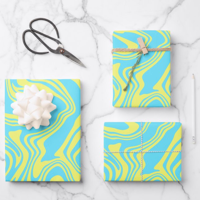 Abstract Yellow and Blue Swirling Waves  Wrapping Paper Sheet (Front)