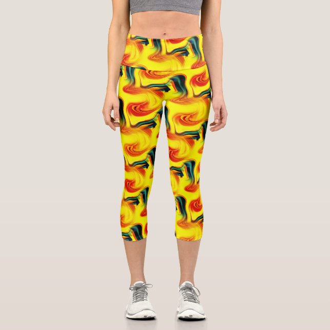 Abstract Yellow And Green Pattern  Capri Leggings (Front)
