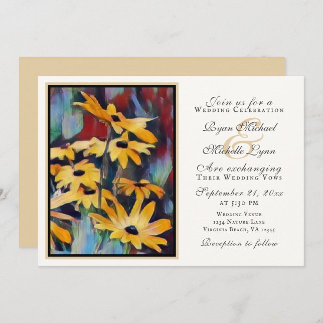 Abstract Yellow Daisy Floral Art Wedding Invitation (Front/Back)