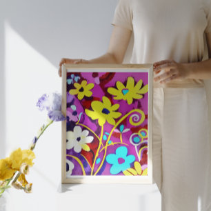 Abstract Yellow Flowers On Viva Magenta Canvas Print