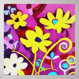 Abstract Yellow Flowers On Viva Magenta Poster