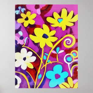 Abstract Yellow Flowers On Viva Magenta Poster