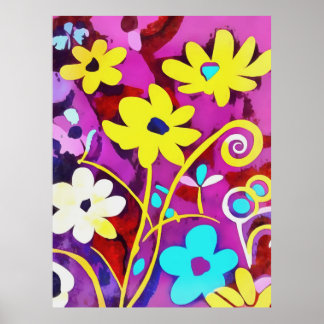 Abstract Yellow Flowers On Viva Magenta Poster