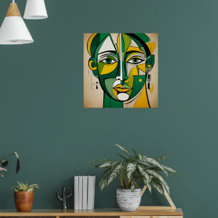 Abstract Yellow & Green Face Drawing Poster