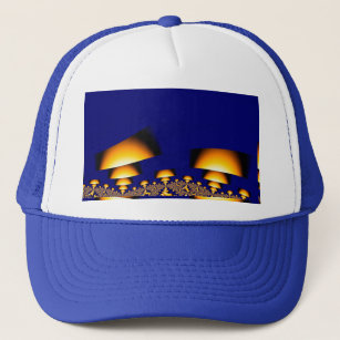 Abstract yellow mushrooms on blue background trucker hat