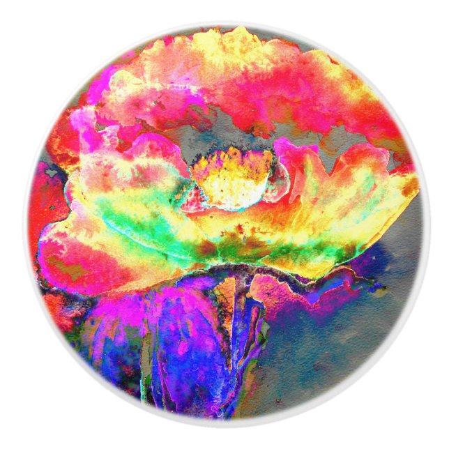 Abstract yellow pink watercolor floral painting  ceramic knob (Front)