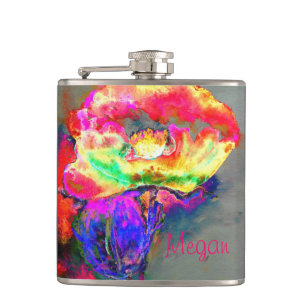 Abstract yellow pink watercolor floral painting hip flask
