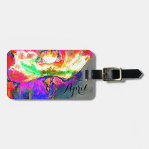 Abstract yellow pink watercolor floral painting  luggage tag