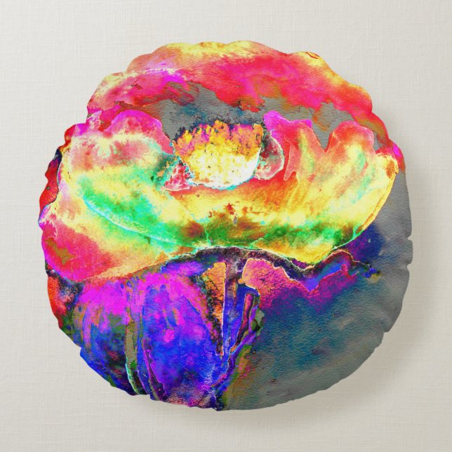 Abstract yellow pink watercolor floral painting  round cushion (Front)
