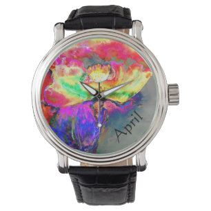 Abstract yellow pink watercolor floral painting  watch