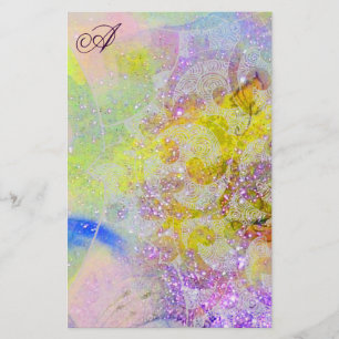 ABSTRACT YELLOW PURPLE FLORAL SWIRLS MONOGRAM STATIONERY