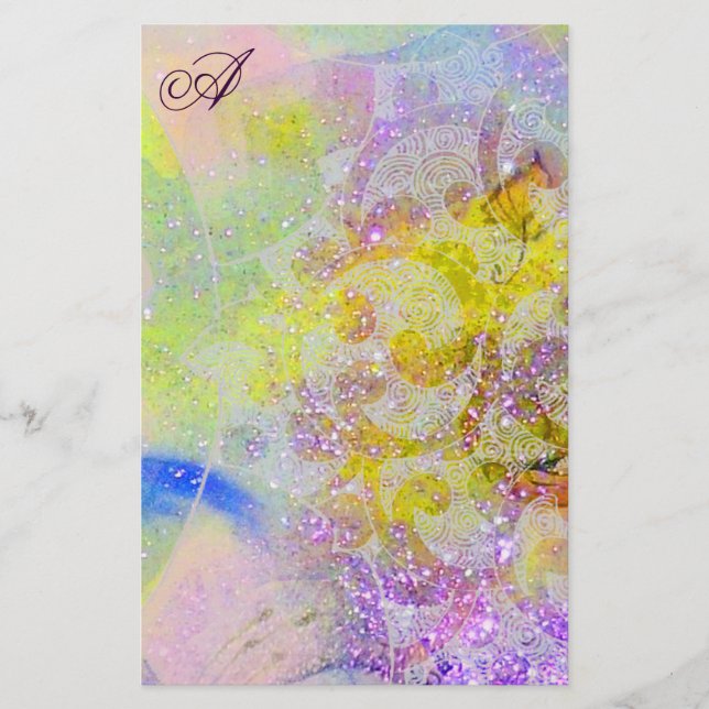 ABSTRACT YELLOW PURPLE FLORAL SWIRLS MONOGRAM STATIONERY (Front)