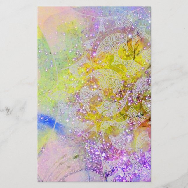 ABSTRACT YELLOW PURPLE WAVES ,FLORAL SWIRLS STATIONERY (Front)