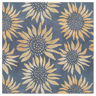 Abstract Yellow Sunflowers on Blue Fabric