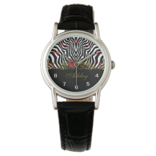 Abstract Zebra Flower Red Black White Gold         Watch