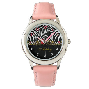 Abstract Zebra Flower Red Black White Gold Watch