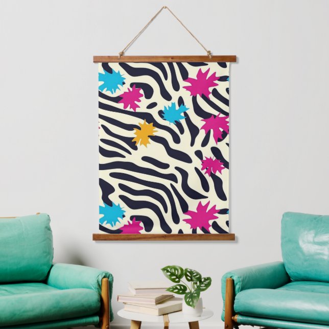 Abstract Zebra Stripes with Leaf Paint Splash Hanging Tapestry (Living Room)