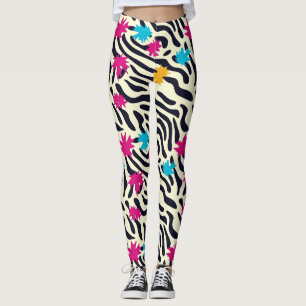 Abstract Zebra Stripes with Leaf Paint Splash Leggings