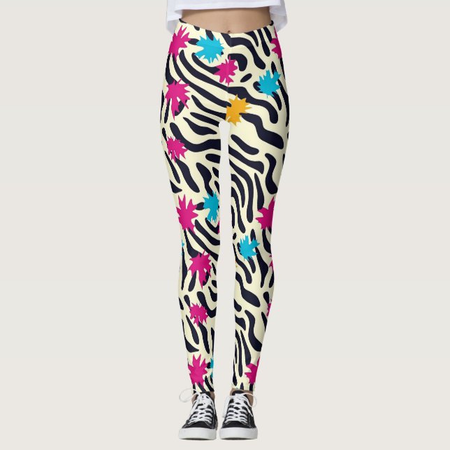 Abstract Zebra Stripes with Leaf Paint Splash Leggings (Front)