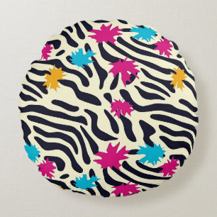 Abstract Zebra Stripes with Leaf Paint Splash Round Cushion