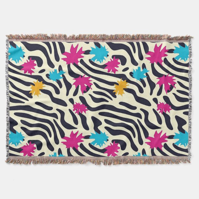 Abstract Zebra Stripes with Leaf Paint Splash Throw Blanket (Front)
