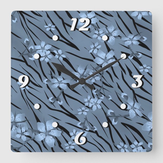 Abstract zebra tiger skin leather blooming flowers square wall clock (Front)
