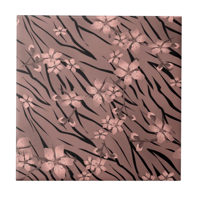 Abstract zebra tiger skin leather blooming flowers tile (Front)