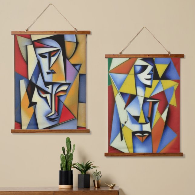 Abstract Zen Cubist Wood Topped Wall Tapestry (Asymmetrical)
