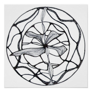 Abstract Zen Flower Design in Black and White Poster