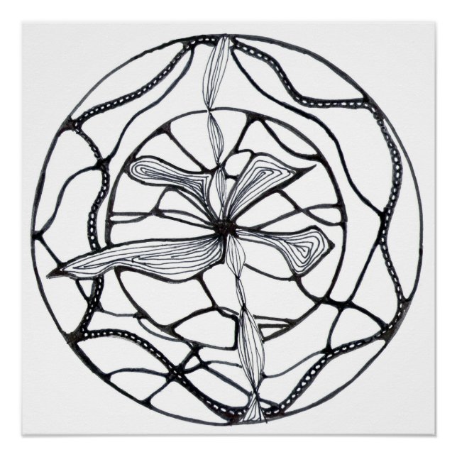 Abstract Zen Flower Design in Black and White Poster (Front)