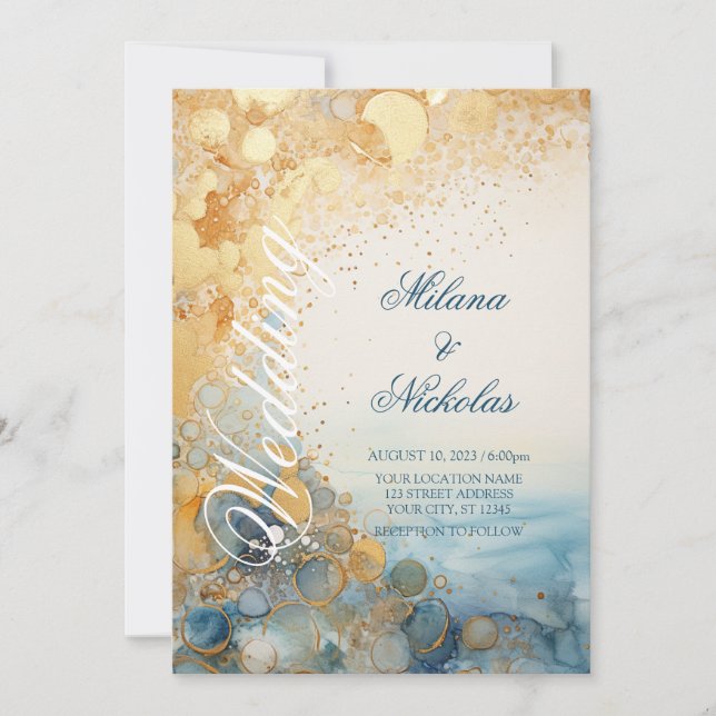 Abstraction, Blue and Gold, Wedding Invitation (Front)
