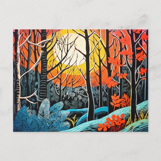 Abstraction in a Captivating Linocut forest winter Holiday Postcard (Front)