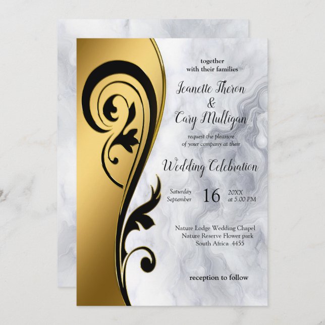 Abstracts Gold on Black & Mixed Marble Textures Invitation (Front/Back)