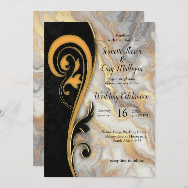 Abstracts Gold on Black & Mixed Marble Textures Invitation (Front/Back)