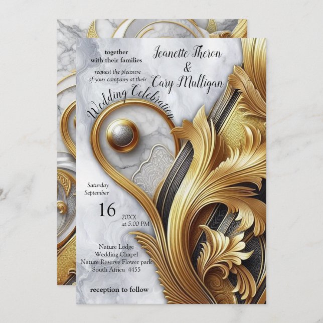 Abstracts Gold on Black & Mixed Marble Textures Invitation (Front/Back)