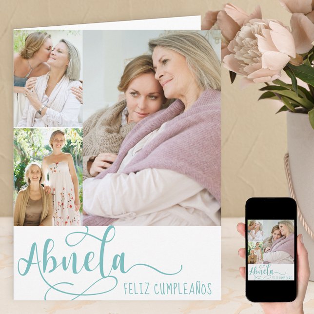 Abuela Calligraphy 3 Photo Happy Birthday Card (Creator Uploaded)