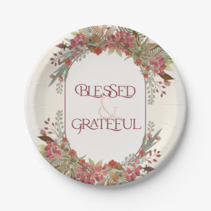 Abundant fall floral Blessed Grateful Thanksgiving Paper Plate