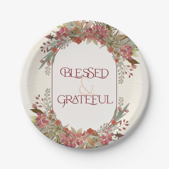 Abundant fall floral Blessed Grateful Thanksgiving Paper Plate (Front)