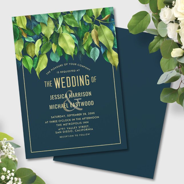 Abundant Foliage Fall Greenery Blue Modern Wedding Invitation (Creator Uploaded)