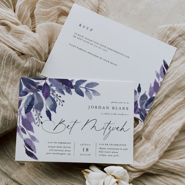 Abundant Foliage Violet Botanical Bat Mitzvah Invitation (Creator Uploaded)