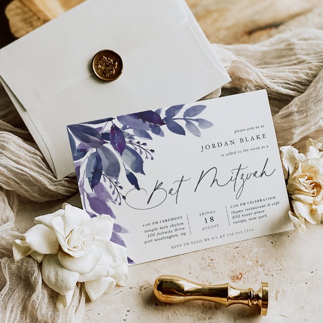 Abundant Foliage Violet Botanical Bat Mitzvah Invitation (Creator Uploaded)