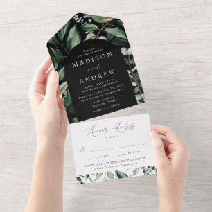 Abundant Greenery Arch Black Wedding All In One Invitation