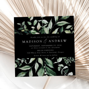 Abundant Greenery Black Square Wedding Invitation