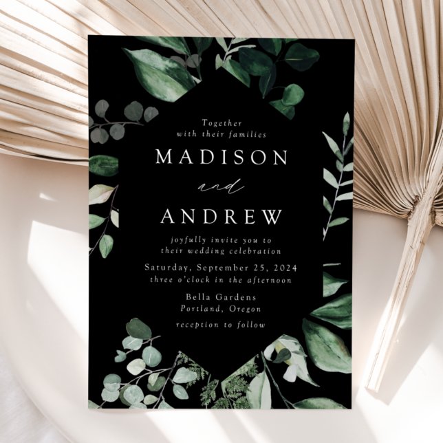 Abundant Greenery Black Wedding Invitation (Creator Uploaded)