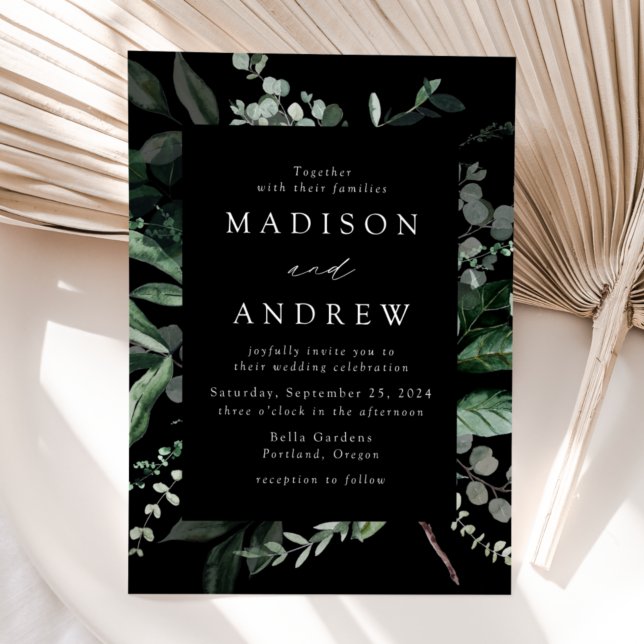 Abundant Greenery Black Wedding Invitation (Creator Uploaded)