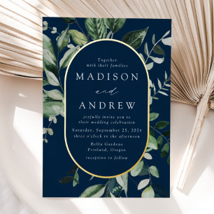 Abundant Greenery Navy and Gold Oval Wedding