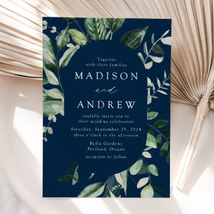 Abundant Greenery Navy Oval Frame Wedding Invitation