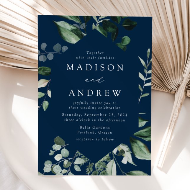 Abundant Greenery Navy Wedding Invitation (Creator Uploaded)